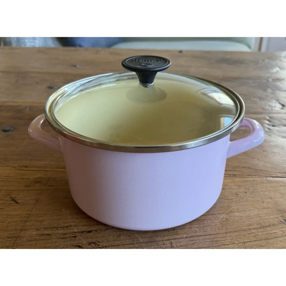 Le Creuset Enamel on Steel Stockpot with glass lid 8 in 3 7/8 qt Satin Pink NEW